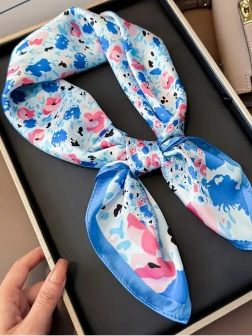 Silk-feel Floral Blue & Pink  Scarf Head & Neck Sscarf